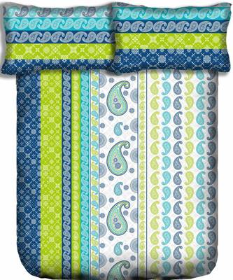 0  Motifs Print Cotton Fitted Double Bed Sheet with   Pillow Cover   Blue  Off White 4