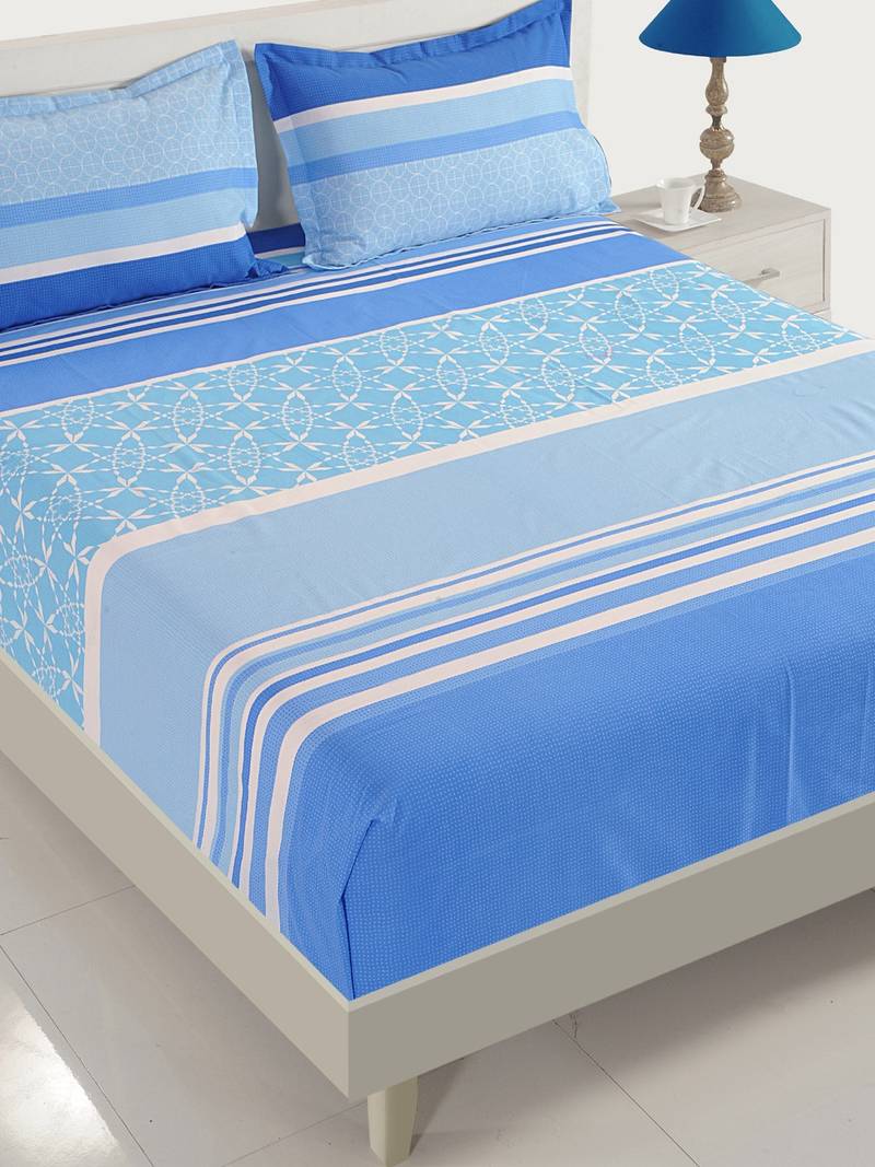 0  Stripes Print Cotton Double Bed Sheet with   Pillow Cover   Blue  White