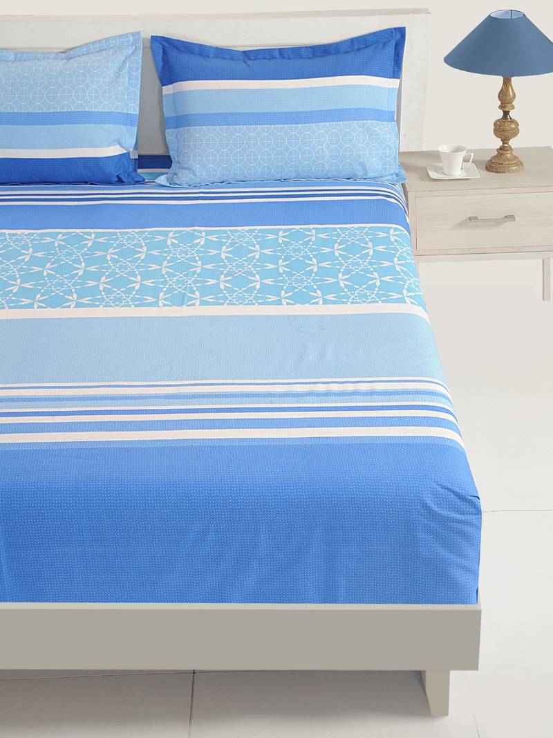0  Stripes Print Cotton Fitted Double Bed Sheet with   Pillow Cover   Blue  White