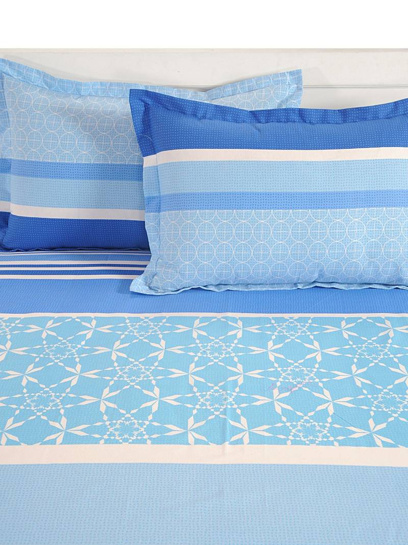 0  Stripes Print Cotton Fitted Double Bed Sheet with   Pillow Cover   Blue  White