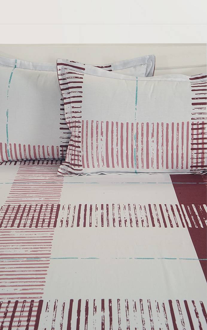 0  Stripe Print Cotton Double Bed Sheet with   Pillow Cover   Burgundy  Off White