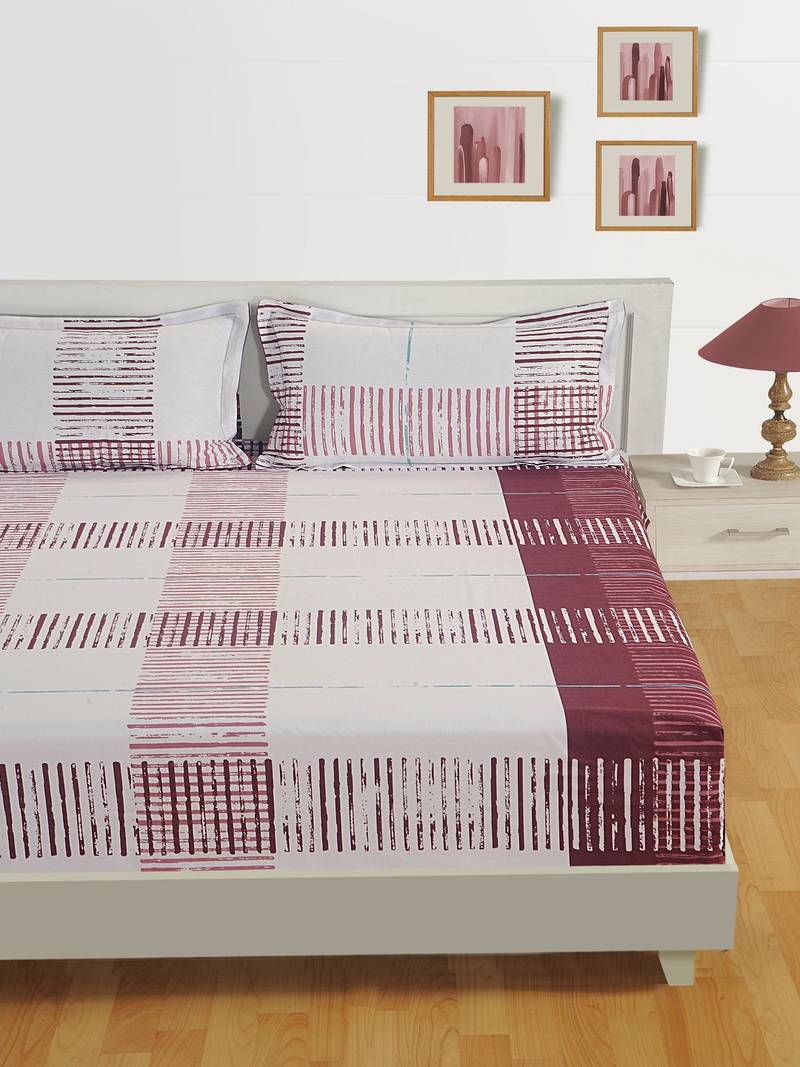 0  Stripe Print Cotton Fitted Double Bed Sheet with   Pillow Cover   Burgundy  Off White