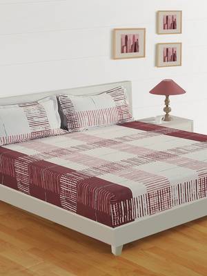 0  Stripe Print Cotton Extra Large Bed Sheet with   Pillow Cover   Burgundy  Off White 1