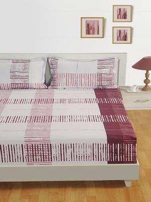 0  Stripe Print Cotton Extra Large Bed Sheet with   Pillow Cover   Burgundy  Off White 2