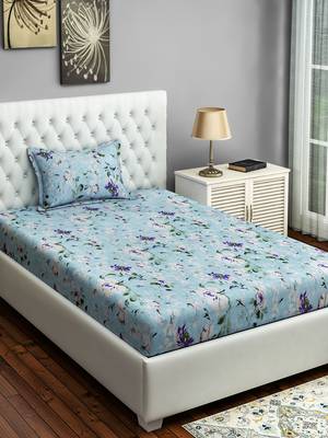 0  Floral Print Cotton Single Bed Sheet with   Pillow Cover   Turquoise 1