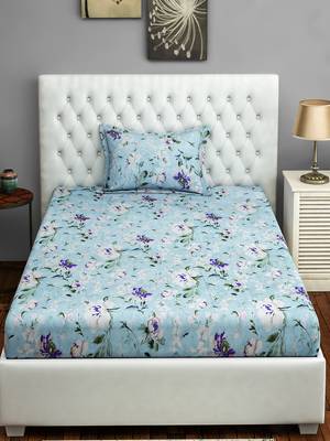 0  Floral Print Cotton Single Bed Sheet with   Pillow Cover   Turquoise 2