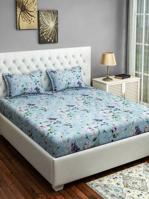 0  Floral Print Cotton Fitted Double Bed Sheet with   Pillow Cover   Turquoise 1
