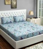 0  Floral Print Cotton Fitted Double Bed Sheet with   Pillow Cover   Turquoise