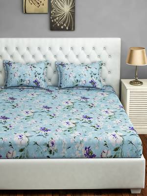 0  Floral Print Cotton Fitted Double Bed Sheet with   Pillow Cover   Turquoise 2