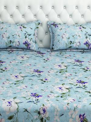0  Floral Print Cotton Fitted Double Bed Sheet with   Pillow Cover   Turquoise 3