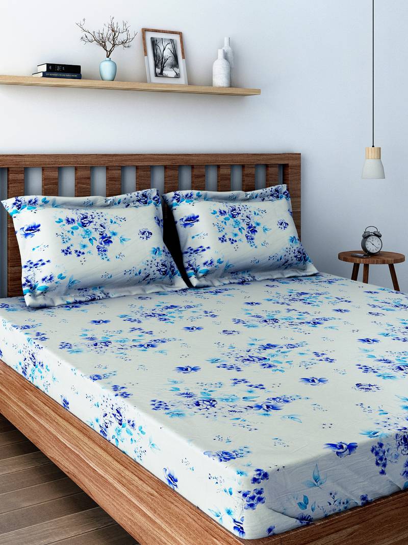 60  Floral Print Cotton Single Bed Sheet with   Pillow Cover   Blue  White