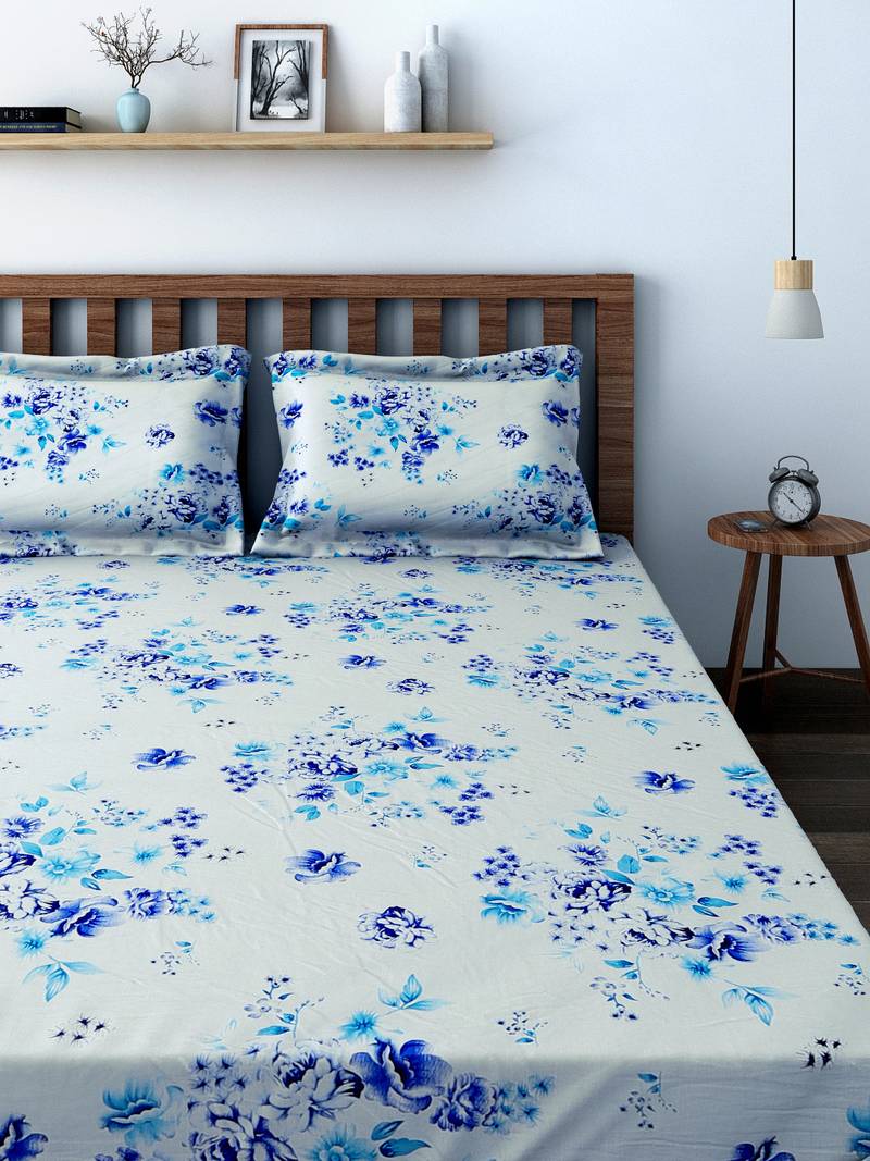 60  Floral Print Cotton Single Bed Sheet with   Pillow Cover   Blue  White