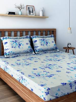 60  Floral Print Cotton Double Bed Sheet with   Pillow Cover   Blue  White 1