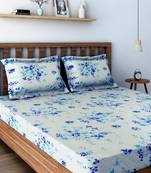 60  Floral Print Cotton Double Bed Sheet with   Pillow Cover   Blue  White