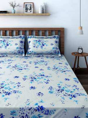 60  Floral Print Cotton Double Bed Sheet with   Pillow Cover   Blue  White 2