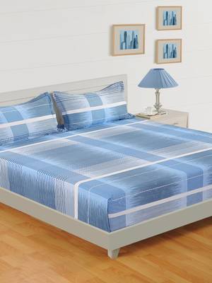 60  Stripe Print Cotton Double Bed Sheet with   Pillow Cover   Blue  White 1