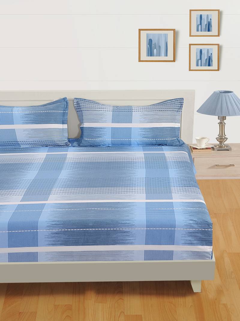60  Stripe Print Cotton Extra Large Bed Sheet with   Pillow Cover   Blue  White