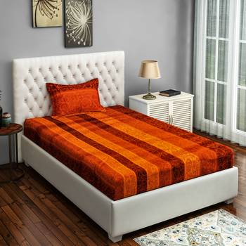 0  Floral Print Cotton Satin Single Bed Sheet with   Pillow Cover   Orange  Yellow 1