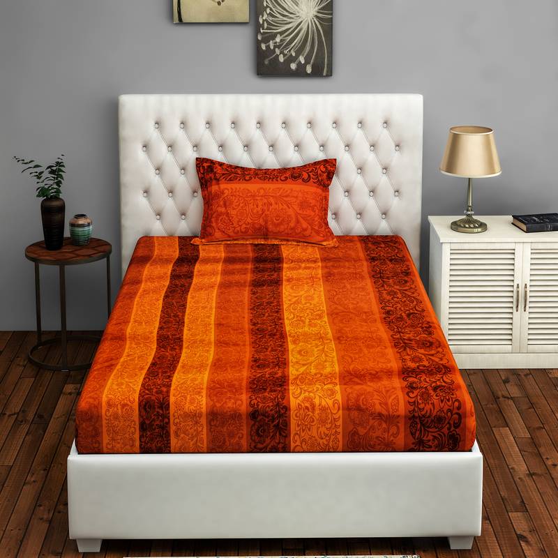 0  Floral Print Cotton Satin Single Bed Sheet with   Pillow Cover   Orange  Yellow