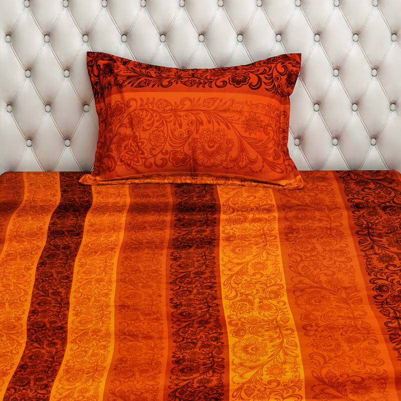 0  Floral Print Cotton Satin Single Bed Sheet with   Pillow Cover   Orange  Yellow