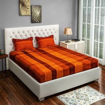 0  Floral Print Cotton Satin Fitted Double Bed Sheet with   Pillow Cover   Orange  Yellow 1