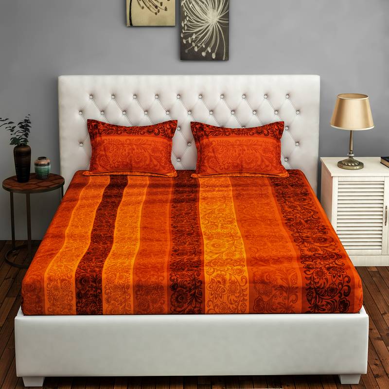 0  Floral Print Cotton Satin Fitted Double Bed Sheet with   Pillow Cover   Orange  Yellow