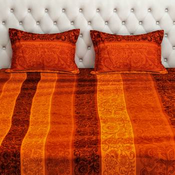 0  Floral Print Cotton Satin Fitted Double Bed Sheet with   Pillow Cover   Orange  Yellow 3