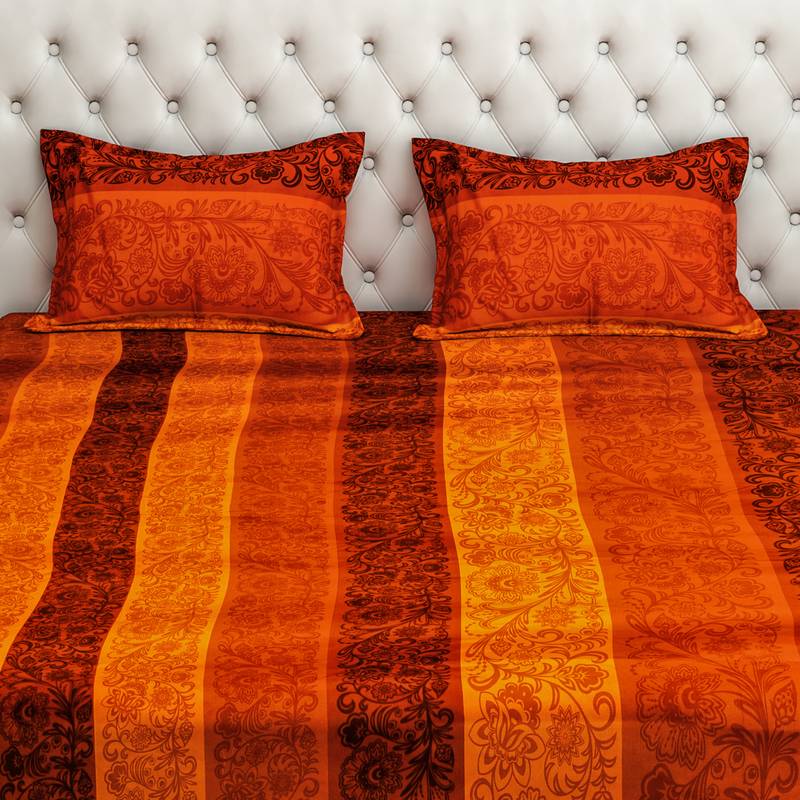 0  Floral Print Cotton Satin Fitted Double Bed Sheet with   Pillow Cover   Orange  Yellow