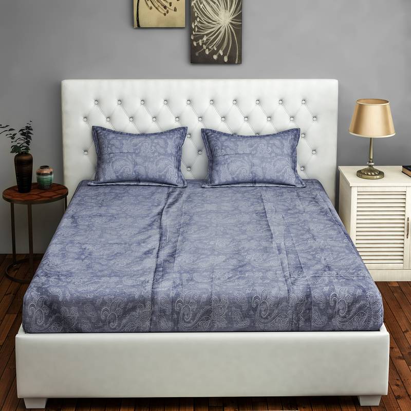 0  Ethnic Print Cotton Satin Double Bed Sheet with   Pillow Cover   Grey