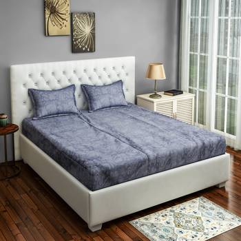 0  Ethnic Print Cotton Satin Fitted Double Bed Sheet with   Pillow Cover   Grey 1