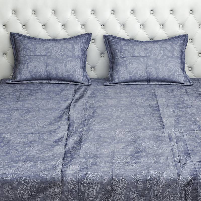 0  Ethnic Print Cotton Satin Fitted Double Bed Sheet with   Pillow Cover   Grey