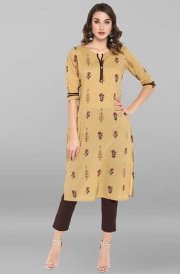 Janasya Beige printed cotton kurta 1