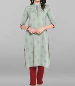 Janasya Sea green printed cotton kurta