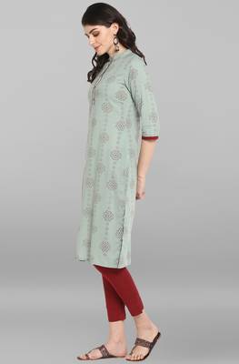 Janasya Sea green printed cotton kurta 3