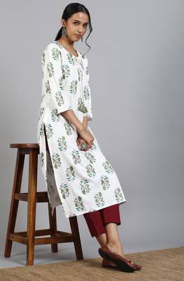 Janasya Off white printed cotton kurta 1