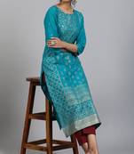 Turquoise printed cotton kurta