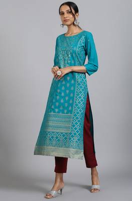 Turquoise printed cotton kurta 2