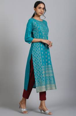 Turquoise printed cotton kurta 3
