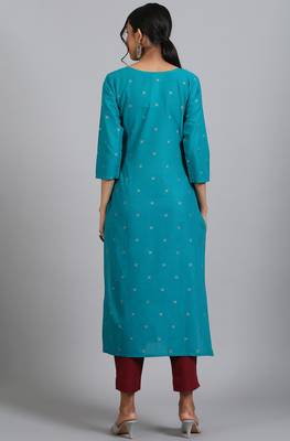 Turquoise printed cotton kurta 4