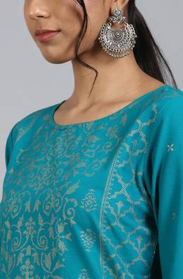 Turquoise printed cotton kurta 5