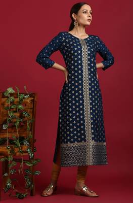 Dark blue printed rayon kurta 2