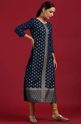 Dark blue printed rayon kurta 3