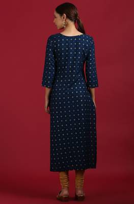 Dark blue printed rayon kurta 4