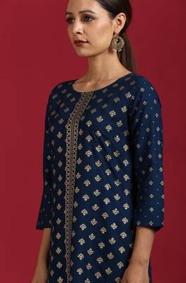 Dark blue printed rayon kurta 5