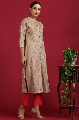 Beige printed rayon kurta 1