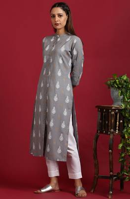 Janasya Grey printed cotton kurta 1