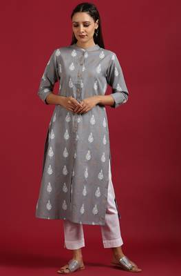 Janasya Grey printed cotton kurta 2