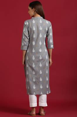 Janasya Grey printed cotton kurta 4