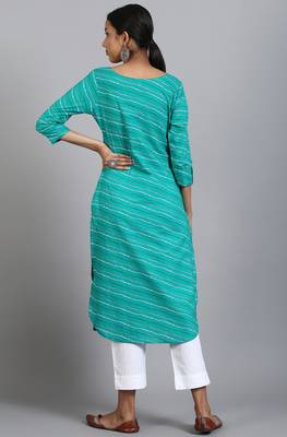 Sea green printed cotton kurta 4