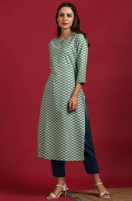 Janasya Light green printed cotton kurta 1